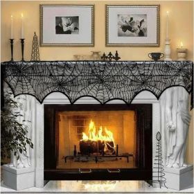 Black Lace Spiderweb Fireplace Mantle Scarf Cover 18 X 96 Spooky Halloween Cobweb Table Runner & Party Decor