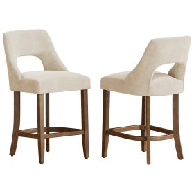 Cutout Back Counter Height Bar Stools Set of 2, Mid Century Chenille Upholstered Kitchen Island Stools - Beige
