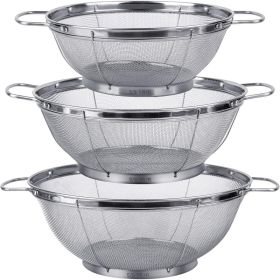 3 Pack Stainless Steel Colander Sieves, 5 4 And 3 Quart Mesh Strainer Baskets With Handles & Resting Base For Rinsing, Draining