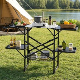 Outdoor Camp Cooking Prep Station Reinforced Aluminum Alloy Cross Brace Frame, Side Shelves Under Mesh Storage Anti-Wobble Flat Fold Design for Picnic