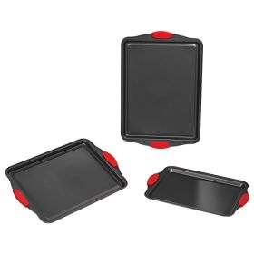 Baking Pans Set, 3-Piece, Nonstick Carbon Steel Cookware Sheets & Trays, Stackable Kitchen Oven Bakeware Cooking Sets with Silicone Handles, Easy to C