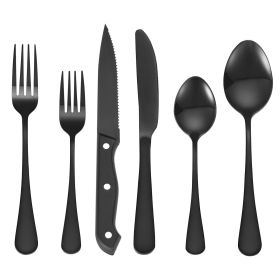 48-Piece Black Silverware Set with Steak Knives, Food-Grade Stainless Steel Flatware Utensils for 8, Mirror Finished Cutlery Set, Dishwasher Safe Eati
