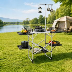 Foldaway Outdoor Cooking Table with Detachable Lamp Holder 4 Fold Side Trays Mesh Storage Shelf, Cross Brace Support Max 154lbs Weight Capacity Built-