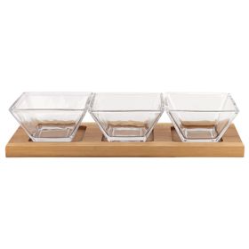 4 Mouth Blown Crystal Hostess Set 4 Pc With 3 Glass Condiment Or Dip Bowls On A Wood Tray