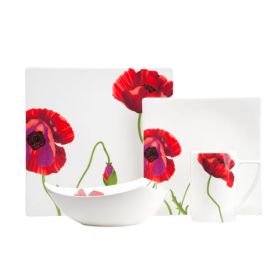 Red and White Six Piece Square Floral Bone China Service For Six Dinner Plate Set