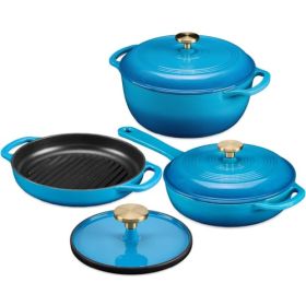 Blue 6-Piece Non-Stick Cast Iron Cookware Set - Skillet Grill Pan Dutch Oven - BLEBC501993