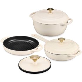 Cream 6-Piece Non-Stick Cast Iron Cookware Set - Skillet Grill Pan Dutch Oven - VANBC501993
