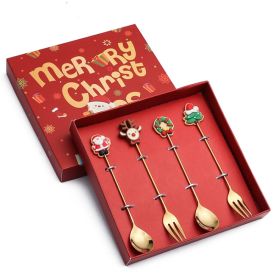 4pcs /Pack Christmas Gift Spoon Cartoon Fruit Fork Dessert Coffee Scoop - Gold - Style A