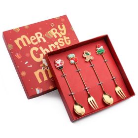 4pcs /Pack Christmas Gift Spoon Cartoon Fruit Fork Dessert Coffee Scoop - Gold - Style B