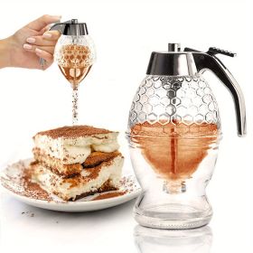 1pc Honey Dispenser, No Drip Maple Syrup Dispenser, Honey Comb Shaped Honey Pot, Honey Jar With Storage Stand, 8oz Capacity - Transparent