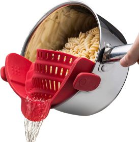 Kitchen Snap N Strain Pot Strainer and Pasta Strainer - Adjustable Silicone Clip On Strainer for Pots, Pans, and Bowls - red
