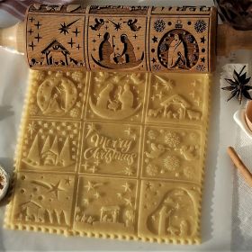 1pc Embossing Rolling Pin Christmas Pattern Xmas Wooden 3D Engraved Nativity With Jesus 9 Different Pattern Design For Baking Cookies - Christmas