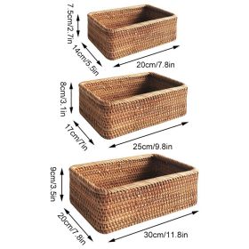 3pcs Hand-Woven Rattan Wicker Basket Fruit Tea Snack Bread Basket Cosmetic Rectangular Storage Box Household Kitchen Room Supply - 3pcs mixed set -