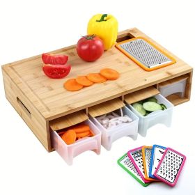 Bamboo Cutting Board with Food Containers, Wooden Chopping Board with Storage Trays, Cheese Grater and Juice Groove for Meat, Vegetables and
