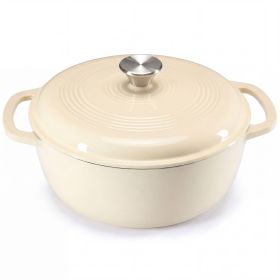 6 Quart Enamel Cast Iron Dutch Oven with Moisture-Sealing Lid for Bread Baking Braising And Slow Cooking, Dual Handles, Oven Safe - beige