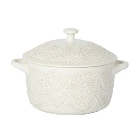 1QT Cocotte Casserole Baking Dish with Lid, Stoneware, Vintage Lace, Linen - 1 Pack