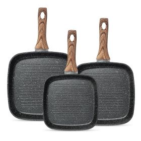 Nonstick Frying Pan Skillet Set, 3 Piece Square Grill Pans with Stay Cool Handle & PFOA Free, Compatible with All Stovetops(9.5" 10" 11") - Black