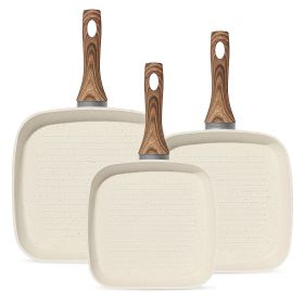 Nonstick Frying Pan Skillet Set, 3 Piece Square Grill Pans with Stay Cool Handle & PFOA Free, Compatible with All Stovetops(9.5" 10" 11") - Beige