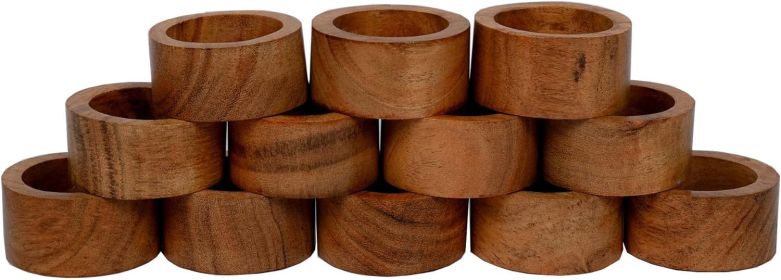 Handmade Acacia Wood Napkin Ring Set of 12 for Dining, Anniversary, Birthday, Christmas, Napkin Ring for Home and Kitchen Décor - Brown