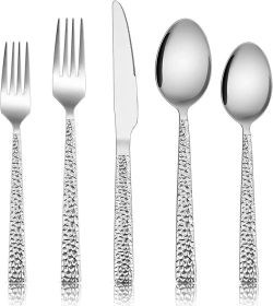 Hammered Silverware Set, 40-Piece Stainless Steel Square Flatware Set for 8, Metal Tableware Cutlery Set Includes Dinner Knives/Forks/Spoons,
