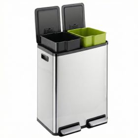 Trash Can with Lid - Large 60 Liter Stainless Steel Trash Can, Dual Compartment Plastic Inner Bucket (2 x 8 Gallon), Sealed Trash Can - silver