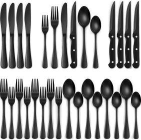 24-Piece Silverware Set with Steak Knives Steel Tableware Cutlery Set - BLACK