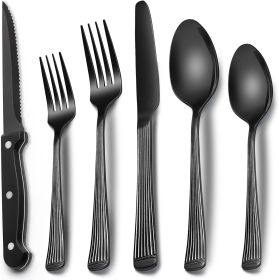 24-Piece Black Silverware Set with Steak Knives, Black Flatware Set for 4, Food-Grade Stainless Steel Tableware Cutlery Set, Mirror Finished