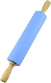 Silicone Rolling Pin Non Stick Surface Wooden Handle (Blue) - Blue
