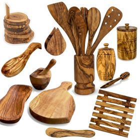 Mediterranean Olive Wood Ultimate Kitchen Collection - 25-Piece Luxury Handcrafted Cooking, Dining and Serving Accessories Set for Home and