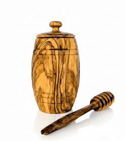Authentic Olive Wood Honey Pot with Wooden Dipper Set - Hand-Carved Elegant Kitchen Storage Jar and Decorative Honey Dispenser, Perfect