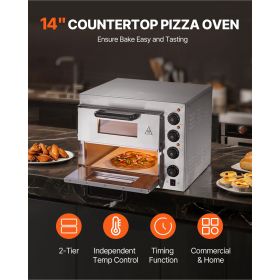 Commercial Pizza Oven Countertop, 14-Inch Double Deck Layer, Stainless Steel Electric Pizza Oven with Stone and Handle, Multipurpose Indoor Pizza