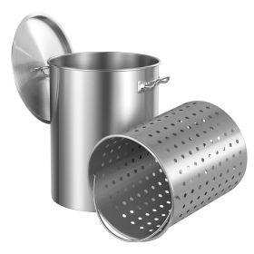 Stainless Steel Stockpot, 36 Quart Cooking Pots, Cookware Sauce Pot with Basket, Lid, and Handle, Heavy Duty Commercial Grade Stock Pot, Sanding