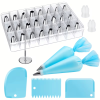 This 32-piece piping bag and nozzle set includes 24 royal icing nozzles, 2 reusable 12-inch piping bags, reusable icing bags and nozzles, and a