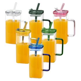 6 Pcs Glass Straw Cup, 6 Colors Square Glass Cup With Straw And Lid, High Borosilicate Glass Cup, Milk Cup, Juice Cup, Cold Drink Cup, Coffee Cup,