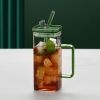 1 Pcs Green Glass Straw Cup, 6 Colors Square Glass Cup With Straw And Lid, High Borosilicate Glass Cup, Milk Cup, Juice Cup, Cold Drink Cup, Coffee