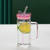 1 Pcs Pink Glass Straw Cup, 6 Colors Square Glass Cup With Straw And Lid, High Borosilicate Glass Cup, Milk Cup, Juice Cup, Cold Drink Cup, Coffee