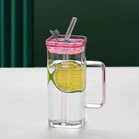 1 Pcs Pink Glass Straw Cup, 6 Colors Square Glass Cup With Straw And Lid, High Borosilicate Glass Cup, Milk Cup, Juice Cup, Cold Drink Cup, Coffee