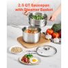 2.5 QT Saucepan with Steamer, Stainless Steel Saucepan with Glass Lid, Multipurpose Nonstick Stainless Steel Sauce Pot with Ergonomic Handle,