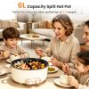 6 Liter Dual-Flavor Electric Shabu Shabu Hot Pot for 3-6 Guests, Non-Stick Coating Stainless Steel Hot Pot with Transparent Steam Vent Lid, Cool