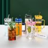 1 Pcs Green Glass Straw Cup, 6 Colors Square Glass Cup With Straw And Lid, High Borosilicate Glass Cup, Milk Cup, Juice Cup, Cold Drink Cup, Coffee