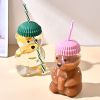 1 PCS 20 OZ Green Little Bear Glass Straw Cup High Borosilicate Heat-resistant Glass Cup For Juice, Milk and Cold drinks - Green