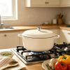 6 Quart Enamel Cast Iron Dutch Oven with Moisture-Sealing Lid for Bread Baking Braising And Slow Cooking, Dual Handles, Oven Safe - beige