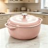 6 Quart Enamel Cast Iron Dutch Oven with Moisture-Sealing Lid for Bread Baking Braising And Slow Cooking, Dual Handles, Oven Safe - pink