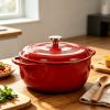 6 Quart Enamel Cast Iron Dutch Oven with Moisture-Sealing Lid for Bread Baking Braising And Slow Cooking, Dual Handles, Oven Safe - red