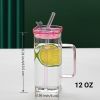 1 Pcs Pink Glass Straw Cup, 6 Colors Square Glass Cup With Straw And Lid, High Borosilicate Glass Cup, Milk Cup, Juice Cup, Cold Drink Cup, Coffee