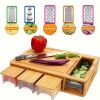 Bamboo Cutting Board with Food Containers, Wooden Chopping Board with Storage Trays, Cheese Grater and Juice Groove for Meat, Vegetables and